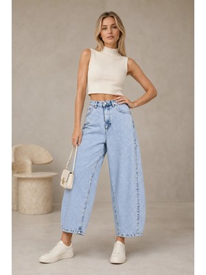 Shevega Buz Mavi Yüksek Bel Kısa Paça Bol Paça Baggy Jean Kot Pantolon