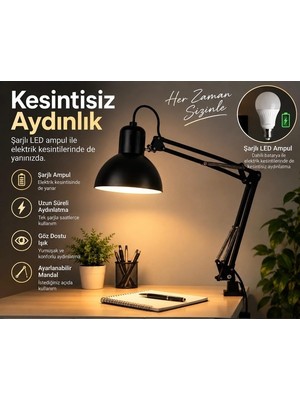 Feddy Akrobat Masa Lambası – Masa Üstü Kullanım & Mengeneli Masaya Sabitleme – Kesintisiz Aydınlık Için Şarjlı Ampul Hediye