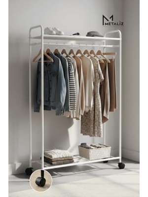 Kazan Hobi Beyaz Tekerlekli Metal Elbise Askılığı, Katlı Raflı Portatif Giysi Standı