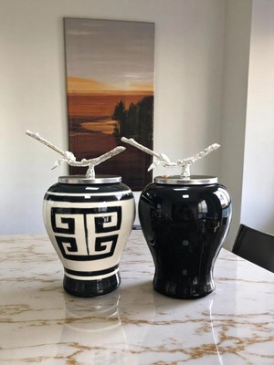 Feray Home Dekoratif Obje Şah Küp 2 Li Siyah Versa Desen Siyah Şah Gümüş