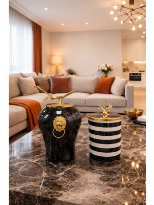 Feray Home Dekoratif - Siyah Mermer Şah Siyah Zebra Silindir Gold
