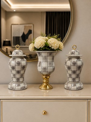 Feray Home Salon Seti - Gri Damalı Dekoratif Obje Çan Şah Küp Gold