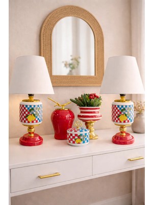 Feray Home Salon Seti - Oval Abajur Limon Damalı Dekoratif Obje Gold