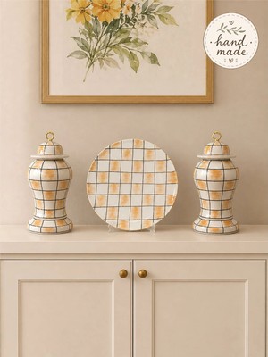 Feray Home Dekoratif Obje, Hand Made El Işi Salon Seti Şah Kapaklı Tabak Damalı Kahverengi Gold