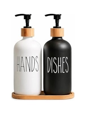Kazan Hobi 500 ml Siyah Beyaz Cam Sıvı Sabunluk Seti, 2'li, Bambu Standlı