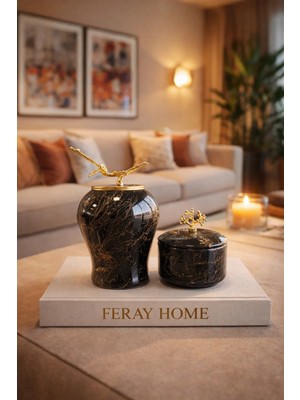 Feray Home Dekoratif - Siyah Mermer Şah Küp Obje Gold