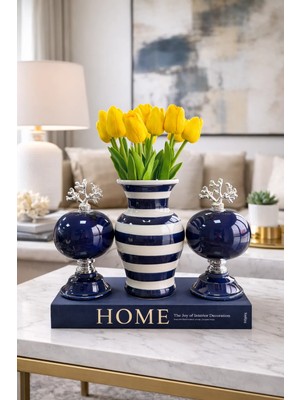 Feray Home Salon Seti - Lacivert 2'li Küre Zebra Vazo Gümüş