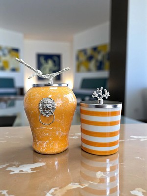 Feray Home Dekoratif - Soft Sarı Mermer Şah Zebra Silindir Gümüş