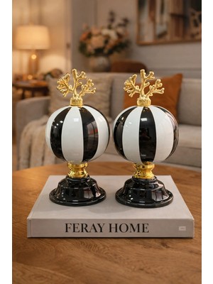 Feray Home Dekoratif Obje - 2'li Küre Siyah Dik Çizgi Gold