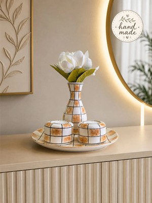 Feray Home Dekoratif Salon Tabak Seti Kahverengi Damalı