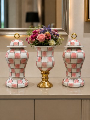 Feray Home Salon Seti - Pembe Damalı Dekoratif Obje Çan Şah Küp Gold