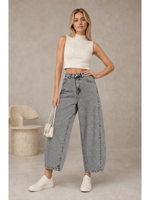 Shevega Füme Yüksek Bel Kısa Paça Bol Paça Baggy Jean Kot Pantolon
