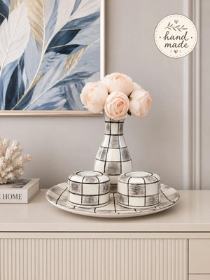Feray Home Dekorasyon - Salon Tabak Seti Gri Damalı El Yapımı