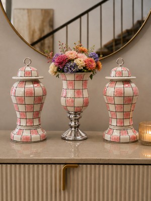 Feray Home Salon Seti - Pembe Damalı Dekoratif Obje Çan Şah Küp Gümüş