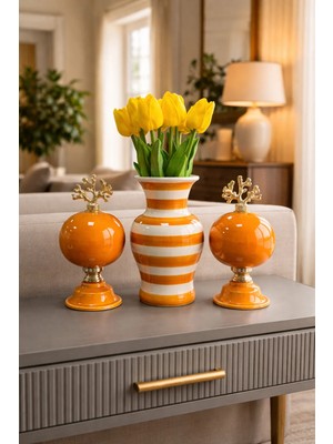Feray Home Salon Seti - Soft Sarı 2'li Küre Zebra Vazo Gold