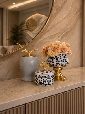 Feray Home Dekoratif - Salon Seti Gri Leopar Gold