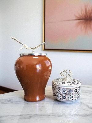 Feray Home Dekoratif - Kahverengi Şah Küp Ceramic Obje Gümüş