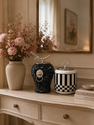Feray Home Dekoratif - Siyah Mermer Şah Siyah Kare Dik Çizgi Oval Gümüş