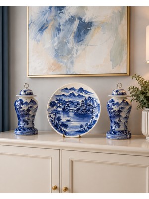 Feray Home Dekoratif Salon Seti - Blue Blanc Şah Küp Tabak Gümüş