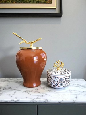 Feray Home Dekoratif - Kahverengi Şah Küp Ceramic Obje Gold