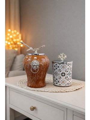 Feray Home Dekoratif - Kahverengi Mermer Şah Ceramic Silindir Gümüş
