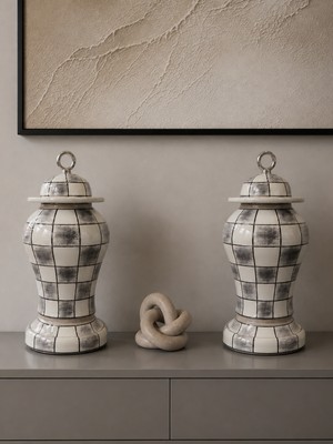 Feray Home Dekoratif Obje - Kaideli 2li Şah Küp Gri Damalı Gümüş