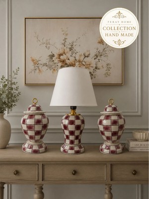 Feray Home Dekoratif Salon Seti - El Yapımı Bordo Damalı Gold