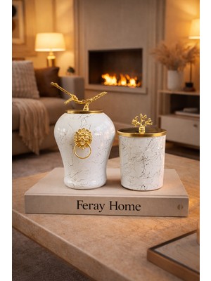 Feray Home Dekoratif - Beyaz Mermer Şah Beyaz Mermer Silindir Gold