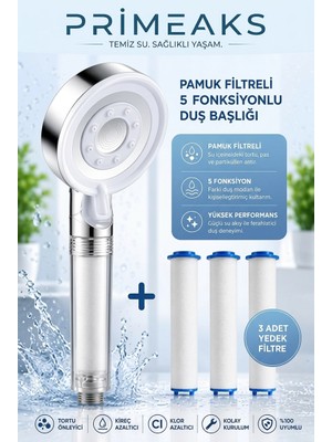Primeaks Filtreli Duş Başlığı 3 Yedek Filtreli Su Arıtmalı Duş Başlığı Kireç Önleyici