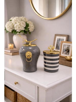 Feray Home Dekoratif - Gri Mermer Şah Gri Zebra Silindir Gold