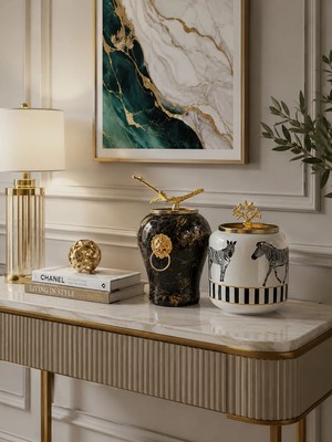 Feray Home Dekoratif - Siyah Mermer Şah Zebra At Oval Gold