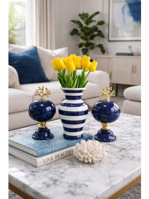 Feray Home Salon Seti - Lacivert 2'li Küre Lacivert Zebra Vazo Gold