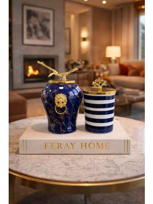 Feray Home Dekoratif - Lacivert Mermer Şah Lacivert Zebra Silindir Gold
