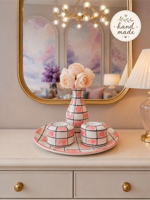 Feray Home Ev Dekorasyonu - Pembe Damalı Salon Tabak Seti