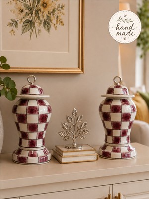 Feray Home Dekoratif Obje - Kaideli Kapaklı 2 Li Şah Küp Bordo Damalı Gümüş