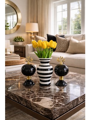 Feray Home Salon Seti - Siyah 2'li Küre Siyah Zebra Vazo Gold