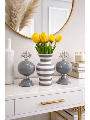 Feray Home Salon Seti - Gri 2'li Küre Gri Zebra Vazo Gümüş