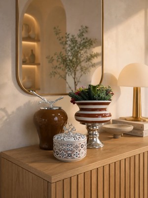 Feray Home Dekoratif - Salon Seti Kahverengi Zebra Ceramic Desen Gümüş