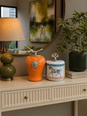 Feray Home Dekoratif - Soft Sarı Mermer Şah Renkli Herm Oval Gümüş