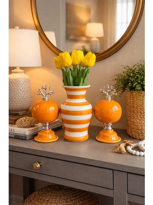 Feray Home Salon Seti - Soft Sarı 2'li Küre Zebra Vazo Gümüş