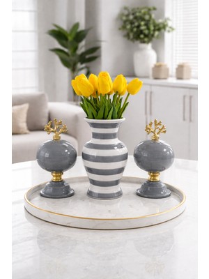 Feray Home Salon Seti - Gri 2'li Küre Gri Zebra Vazo Gold
