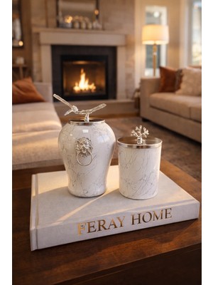Feray Home Dekoratif - Beyaz Mermer Şah Beyaz Mermer Silindir Gümüş