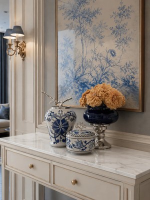 Feray Home Dekoratif - Salon Seti Lacivert Mavi Çiçekli Gümüş