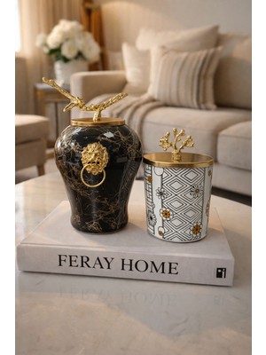 Feray Home Dekoratif - Siyah Mermer Şah Hasır Desen Silindir Gold