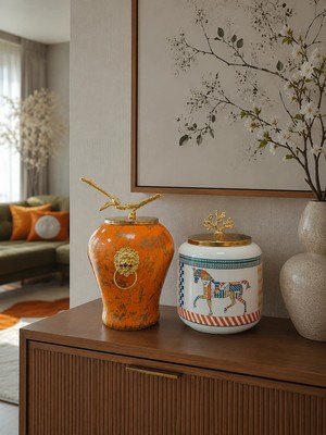 Feray Home Dekoratif - Soft Sarı Mermer Şah Renkli Herm Oval Gold