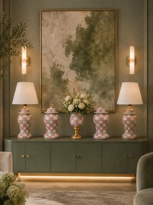 Feray Home Dekoratif Salon Seti Pembe Damalı 5 Parça Gold