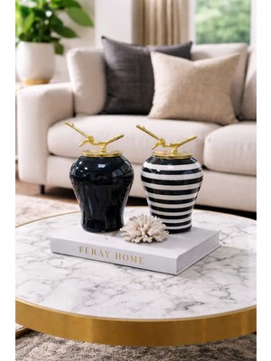 Feray Home Dekoratif Obje - 2'li Şah Küp Siyah Klasik Zebra Gold