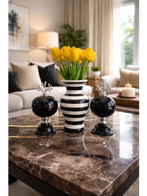 Feray Home Salon Seti - Siyah 2'li Küre Siyah Zebra Vazo Gümüş