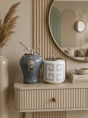 Feray Home Dekoratif - Gri Mermer Şah Oval Versa Gri Gümüş