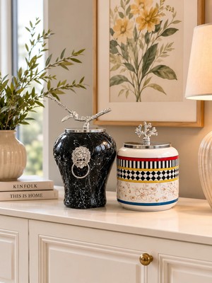 Feray Home Dekoratif - Siyah Mermer Şah Kelebek Oval Gümüş